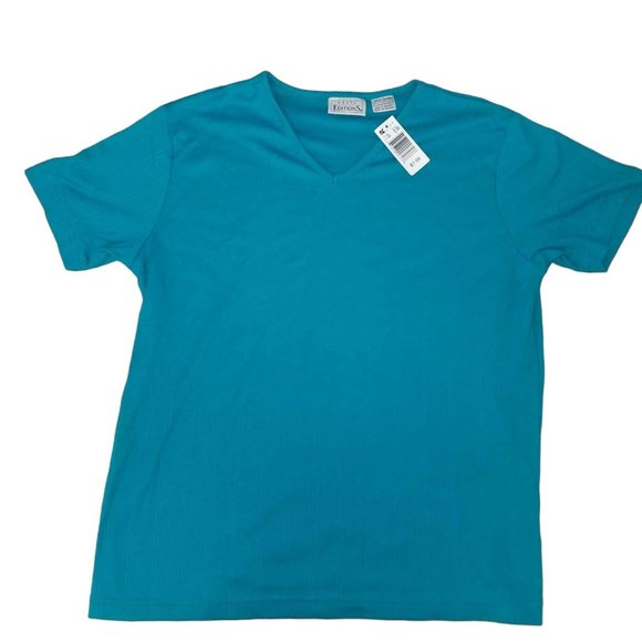 VTG NWT Basic Editions Women's Teal Blue V-Neck Short Sleeve Shirt Size Large - Picture 1 of 5